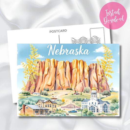 Colorful Nebraska digital art print showing bold rocky cliffs, rural homes, and heritage-style buildings surrounded by golden wildflowers.