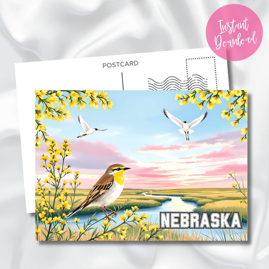 Scenic Nebraska postcard illustration featuring a western meadowlark perched on wildflowers by a winding river with sunset sky.