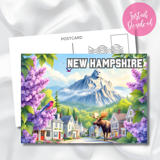  Instant download art card of New Hampshire with lilac trees, moose, village street, and sculpted mountain view.