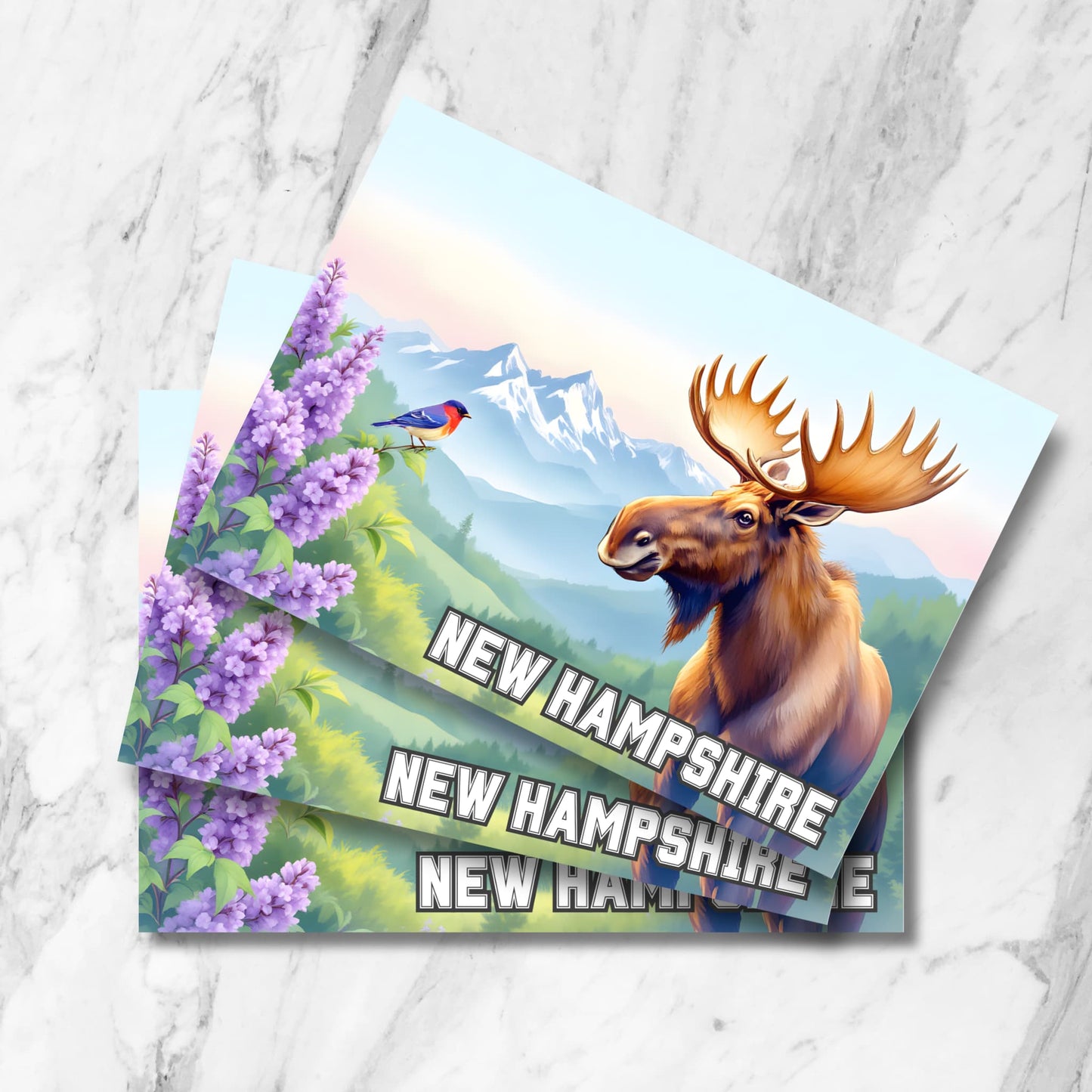 Illustrated New Hampshire postcard showing a moose with forested mountains, lilac flowers, and a state bird under soft morning light.