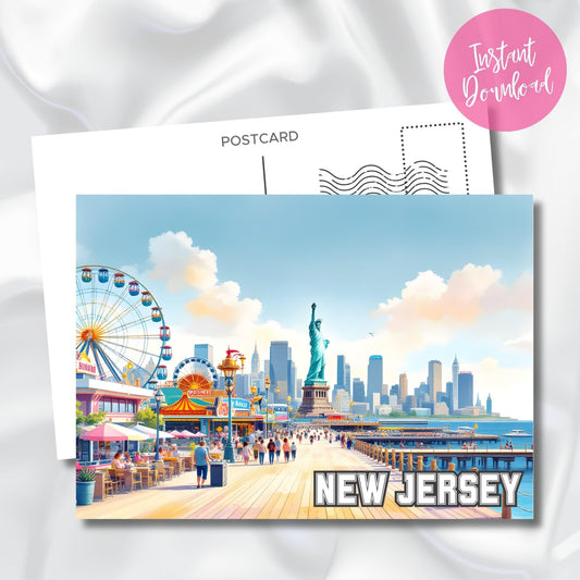 New Jersey boardwalk scene with ferris wheel, Liberty statue, and amusement park under blue sky