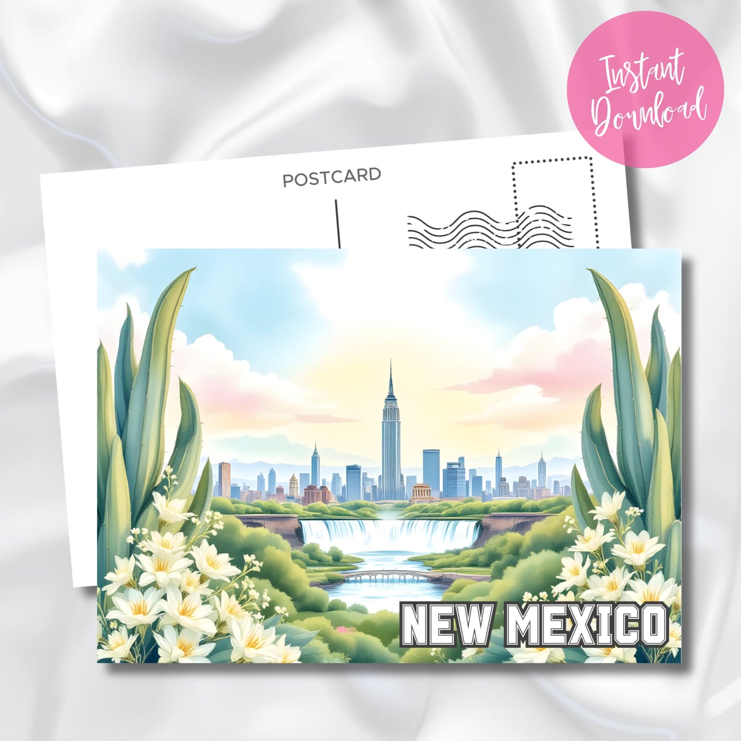 Illustrated New Mexico skyline with blooming white flowers and pastel desert sunrise.