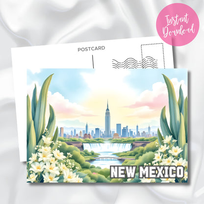 Illustrated New Mexico skyline with blooming white flowers and pastel desert sunrise.