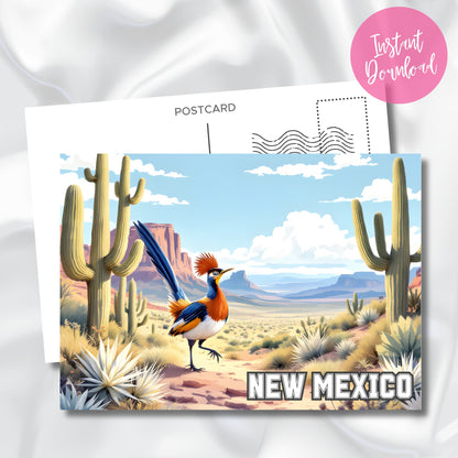 New Mexico postcard illustration featuring roadrunner and desert landscape, labeled instant download