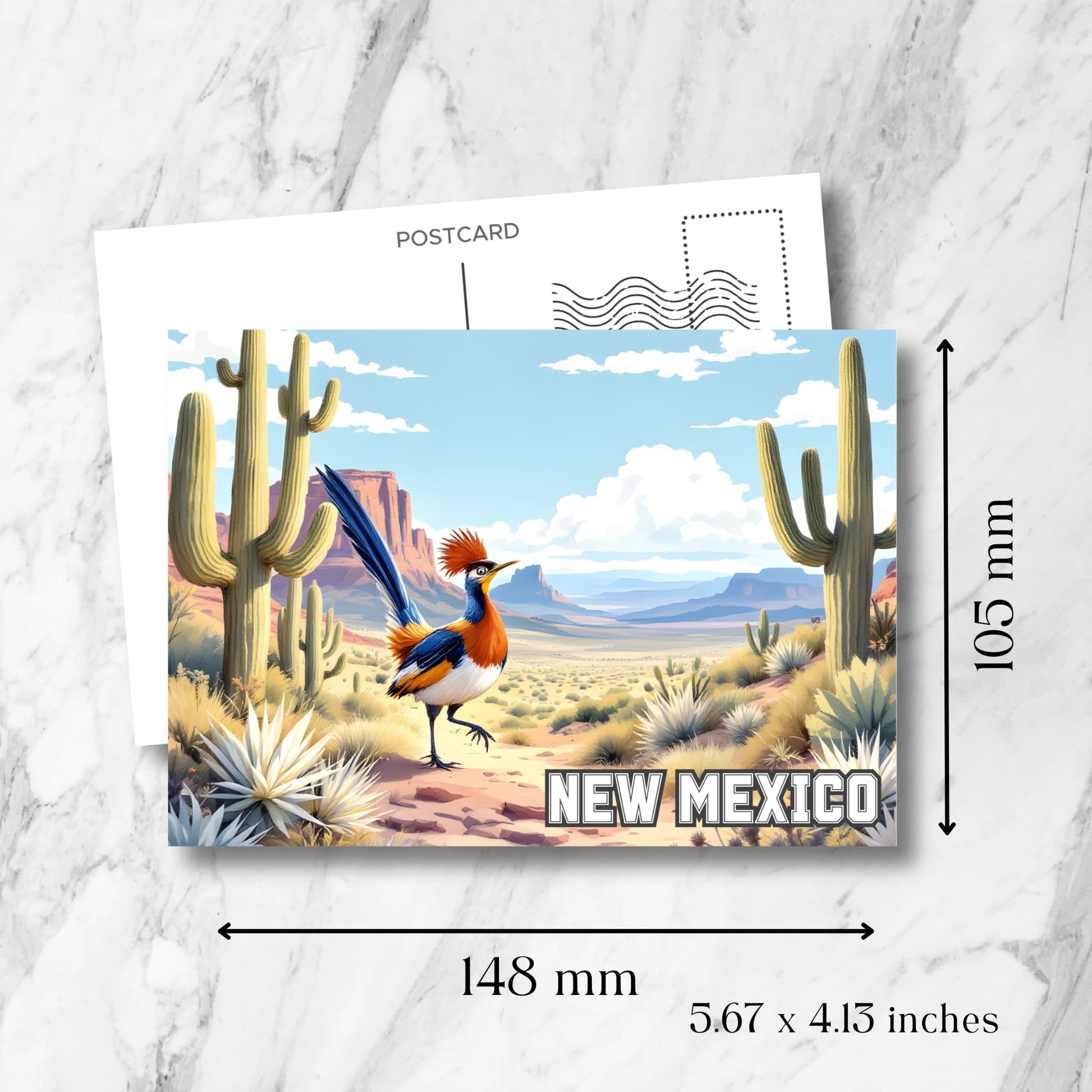 Printable New Mexico postcard art with roadrunner and cactus scene, shown with size dimensions.