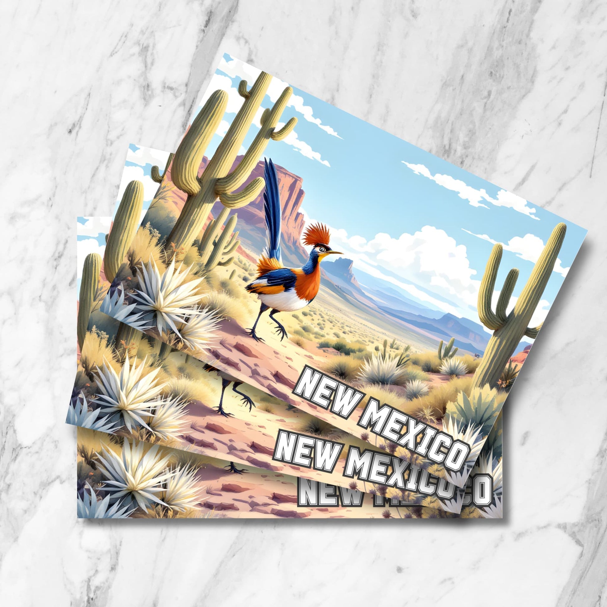 Colorful digital artwork of a roadrunner in a New Mexico desert landscape with cacti and mesas.
