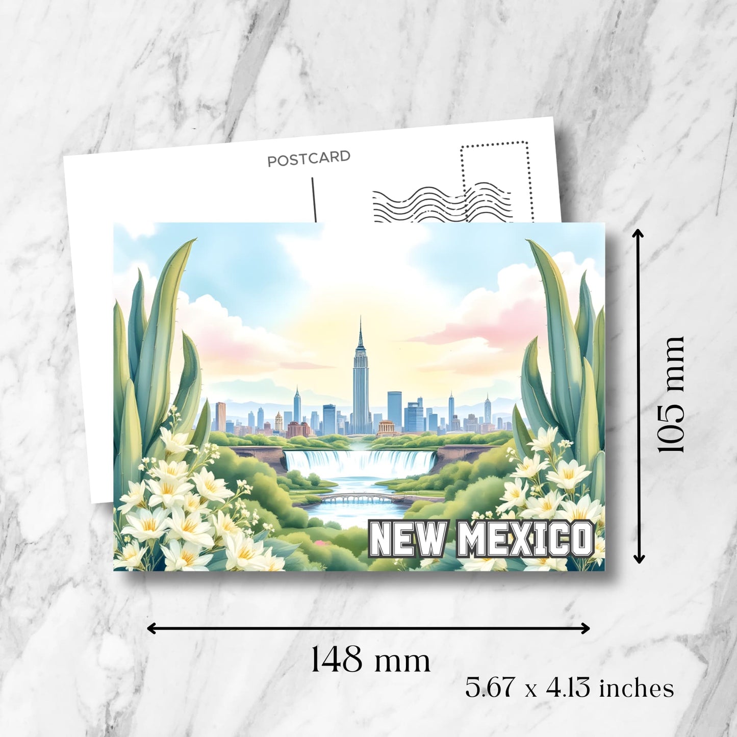 Digital postcard print showing New Mexico skyline with waterfalls and size dimensions.
