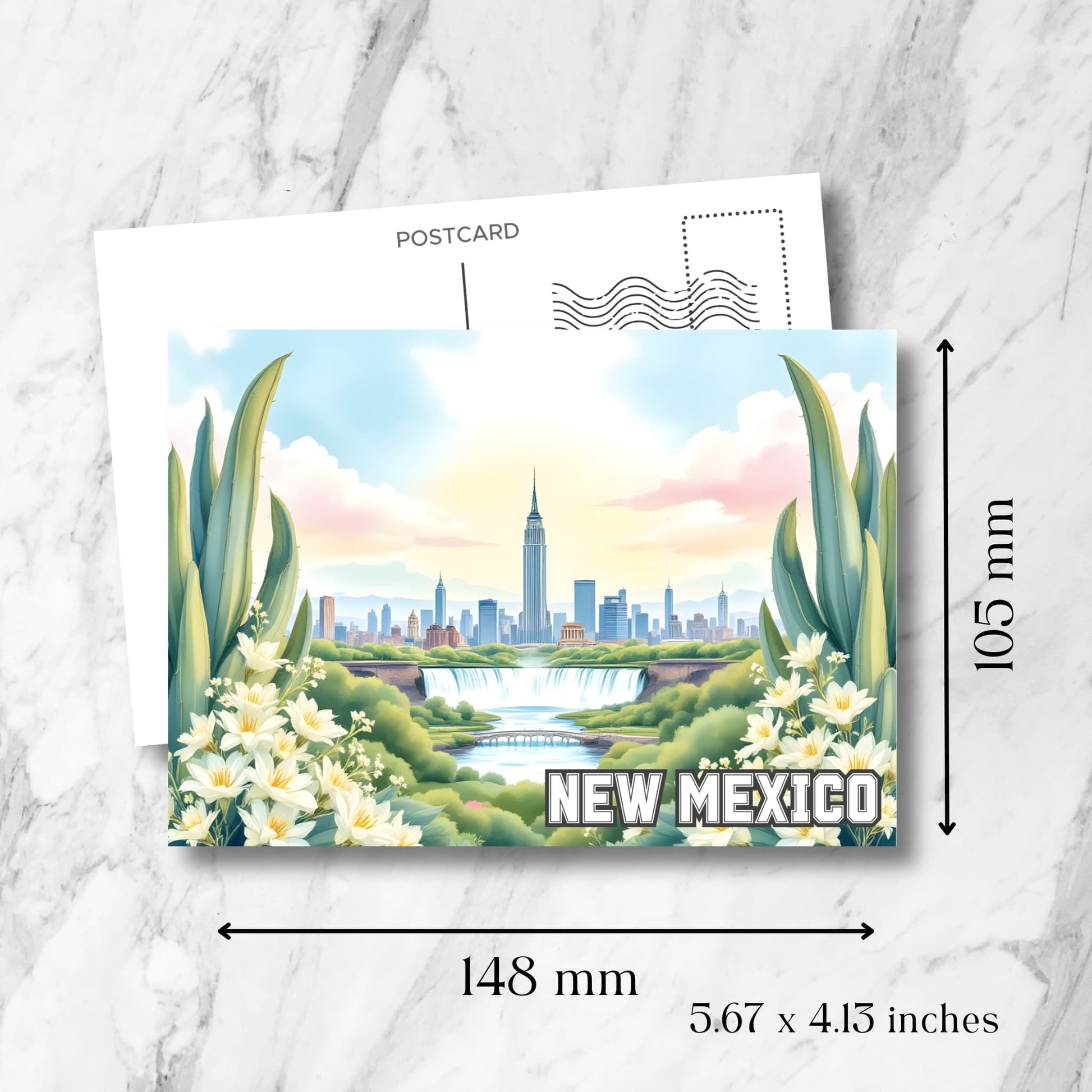 Digital postcard print showing New Mexico skyline with waterfalls and size dimensions.