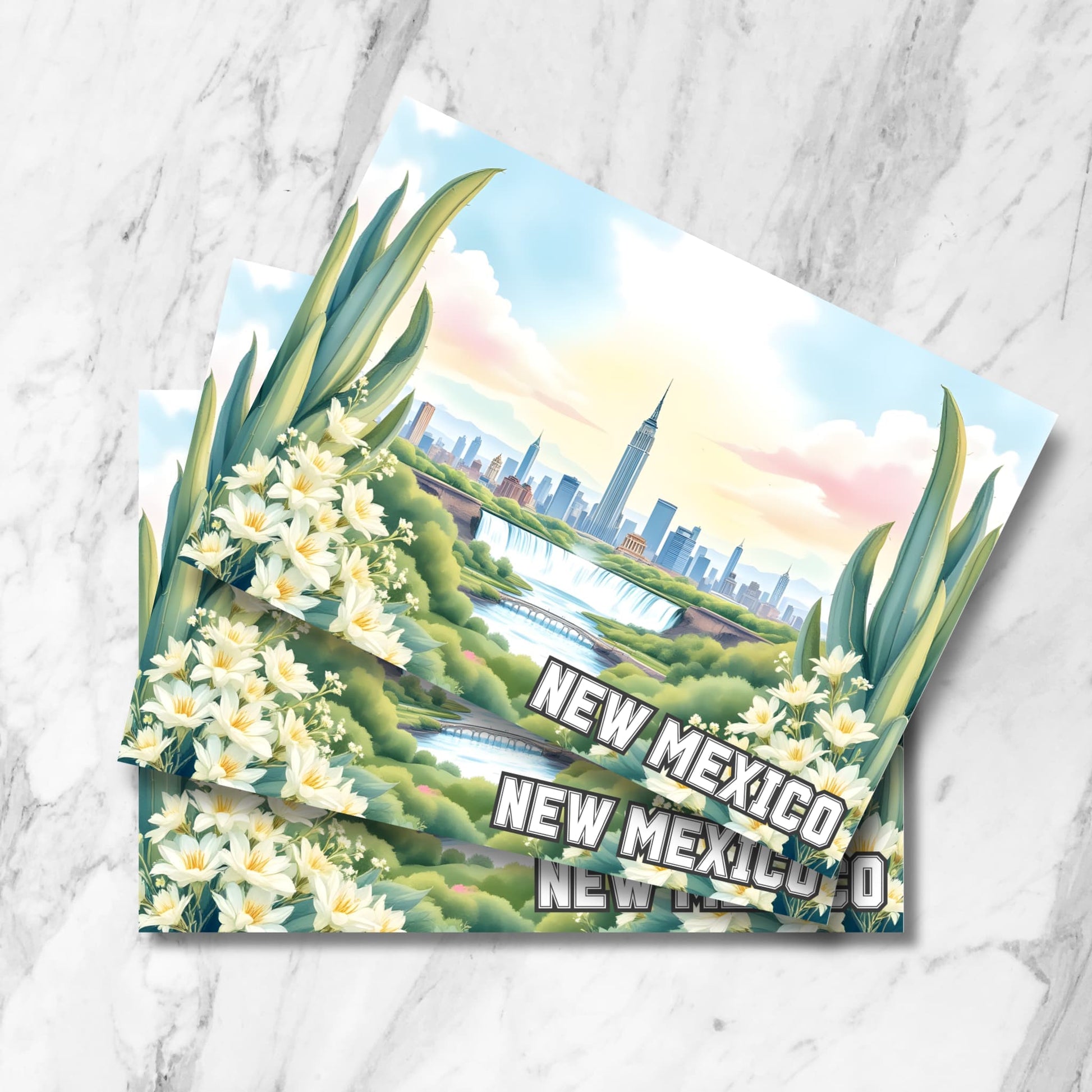 Printable New Mexico skyline postcard with white desert blooms and cityscape, labeled instant download.