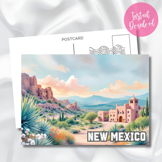 Printable New Mexico art card featuring adobe homes, desert landscape and instant download label in pink circle