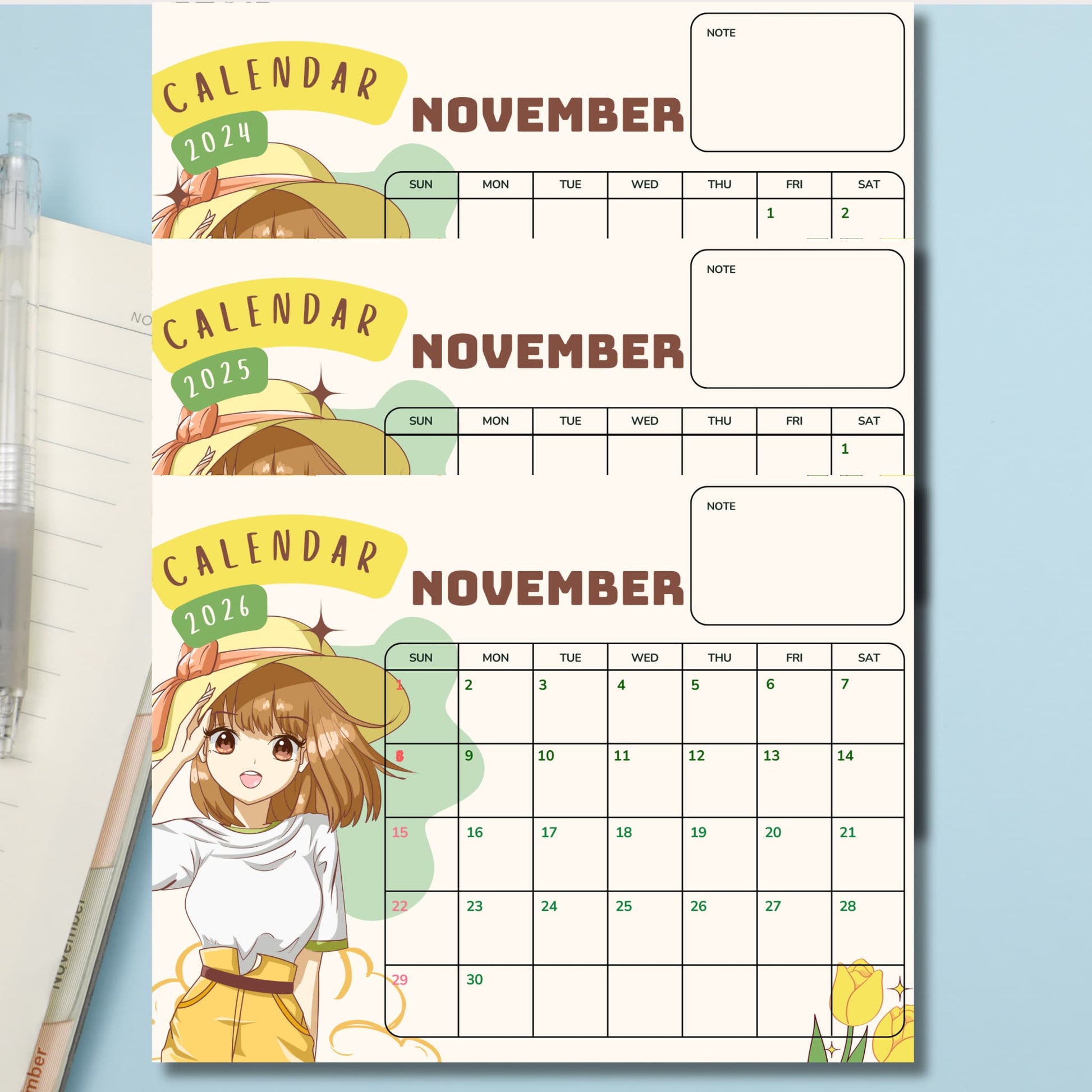 Three-year November calendar featuring cute anime girl in yellow sun hat and pants, with tulip accent and note sections, displayed on soft blue background