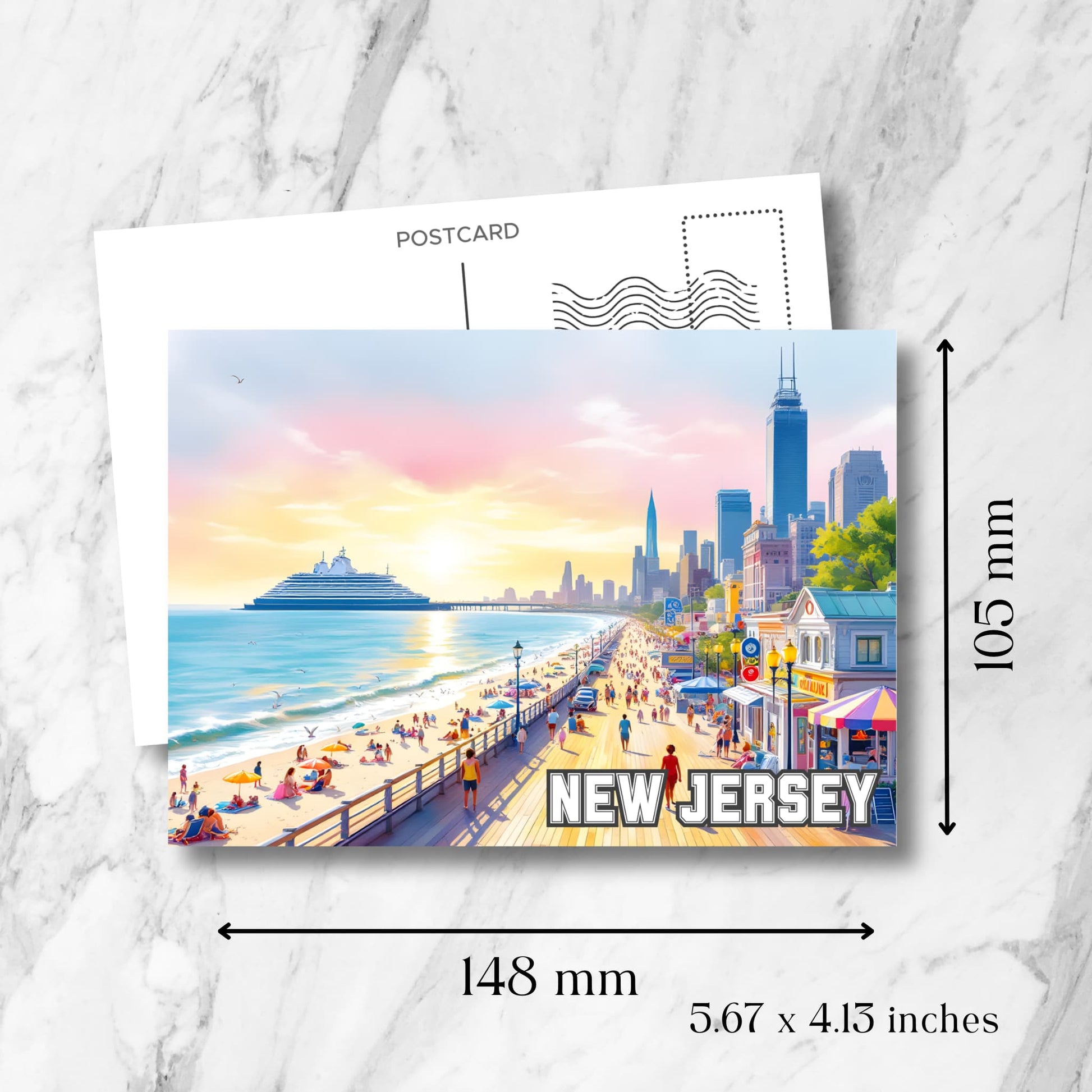 Printable New Jersey postcard showing boardwalk, cruise ship, and skyscrapers during a pastel sunset, placed above a white background with size dimensions in millimeters and inches.