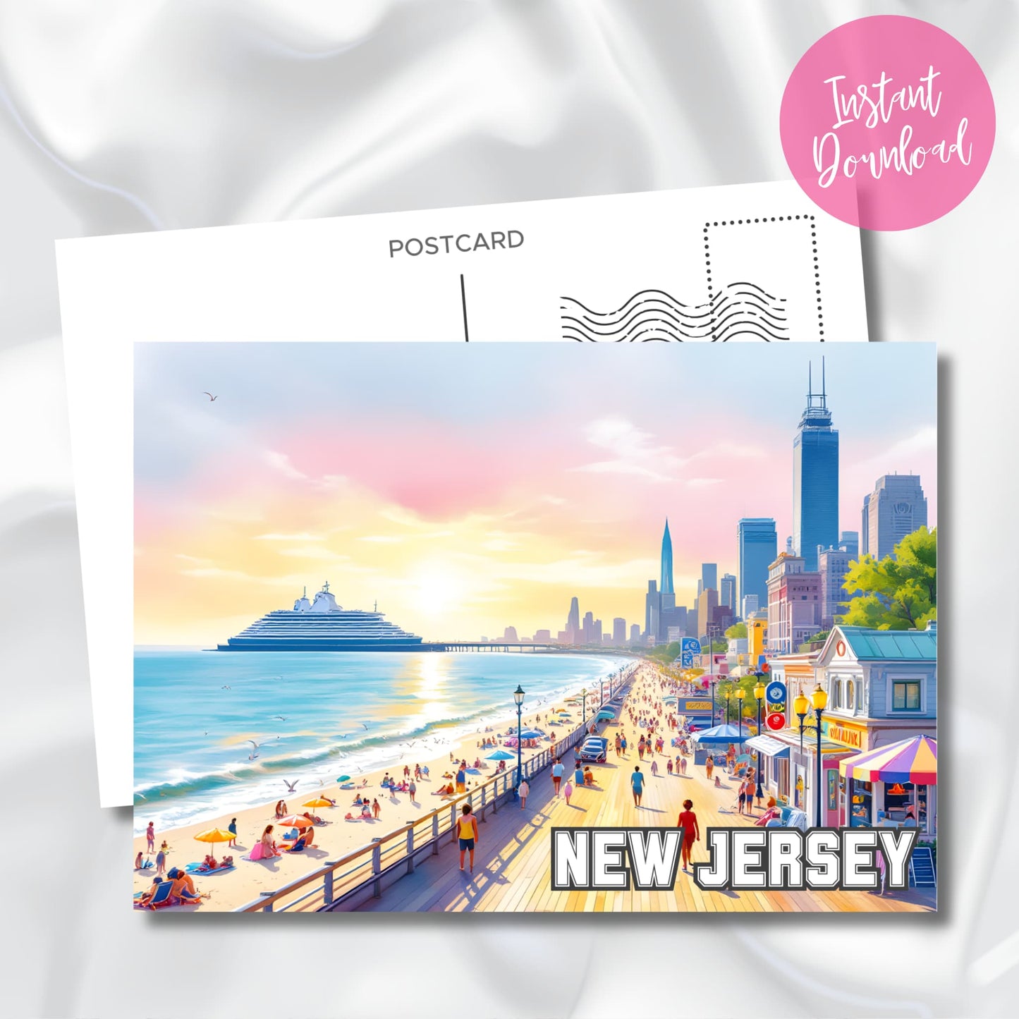 Digital New Jersey postcard featuring a busy seaside boardwalk and glowing sunset sky, styled for instant download with a satin fabric backdrop and "Instant Download" label.