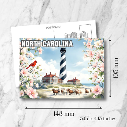 Printable postcard featuring striped lighthouse, wild horses, and pink dogwood flowers, with measurements