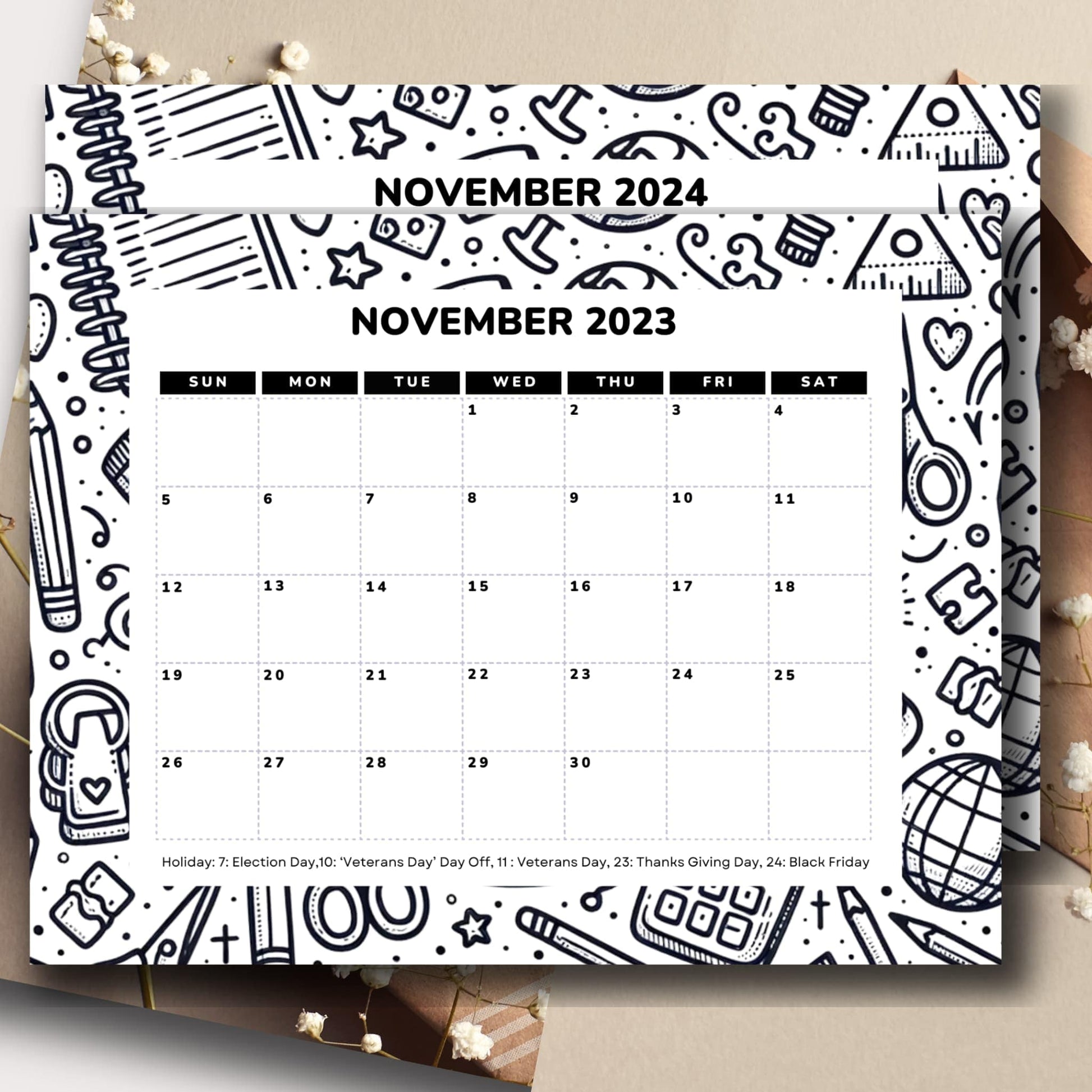 Printed calendar sheet of November 2023 & 2024 with envelope and assorted flowers.