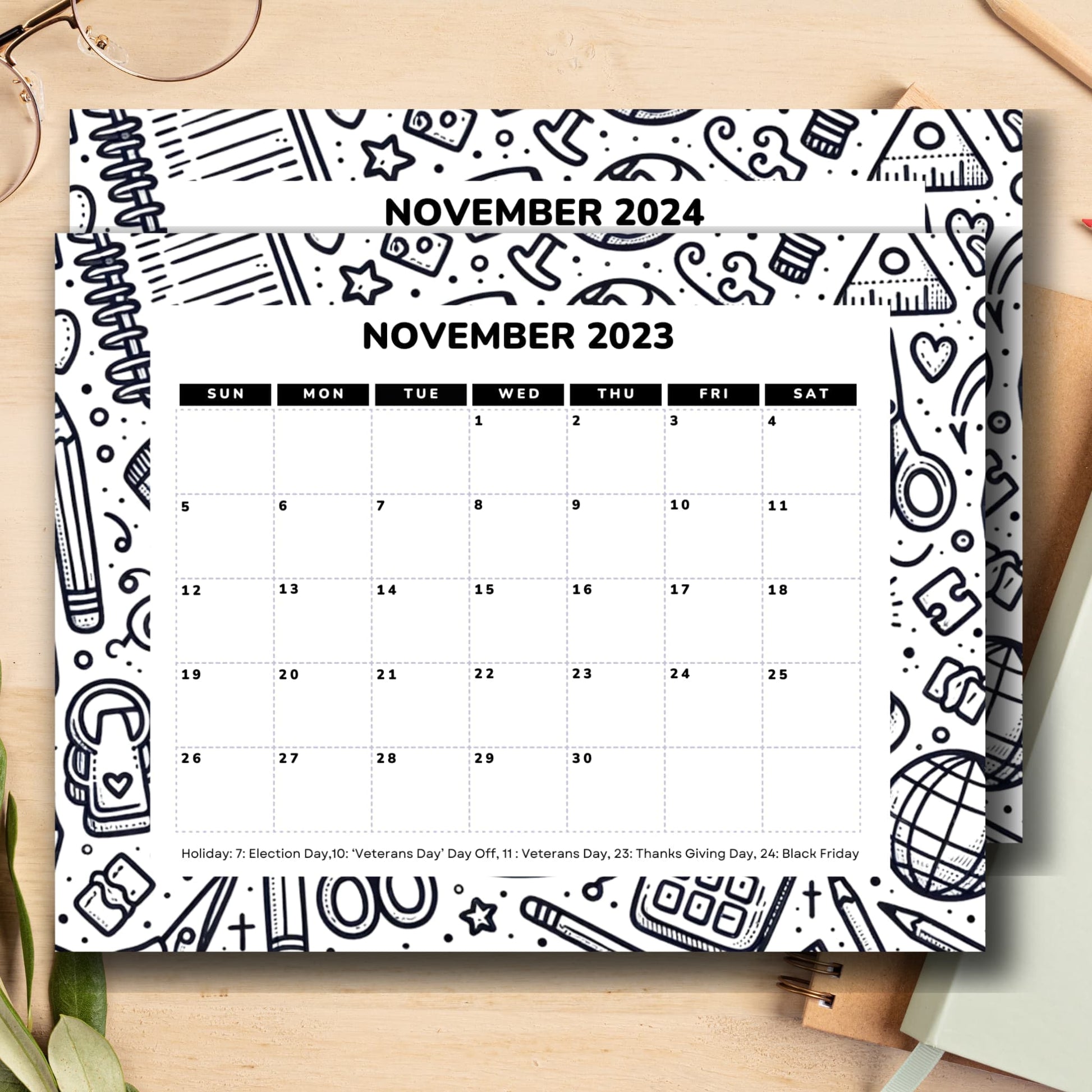 November 2023 & 2024 calendar print alongside stylish notebooks.