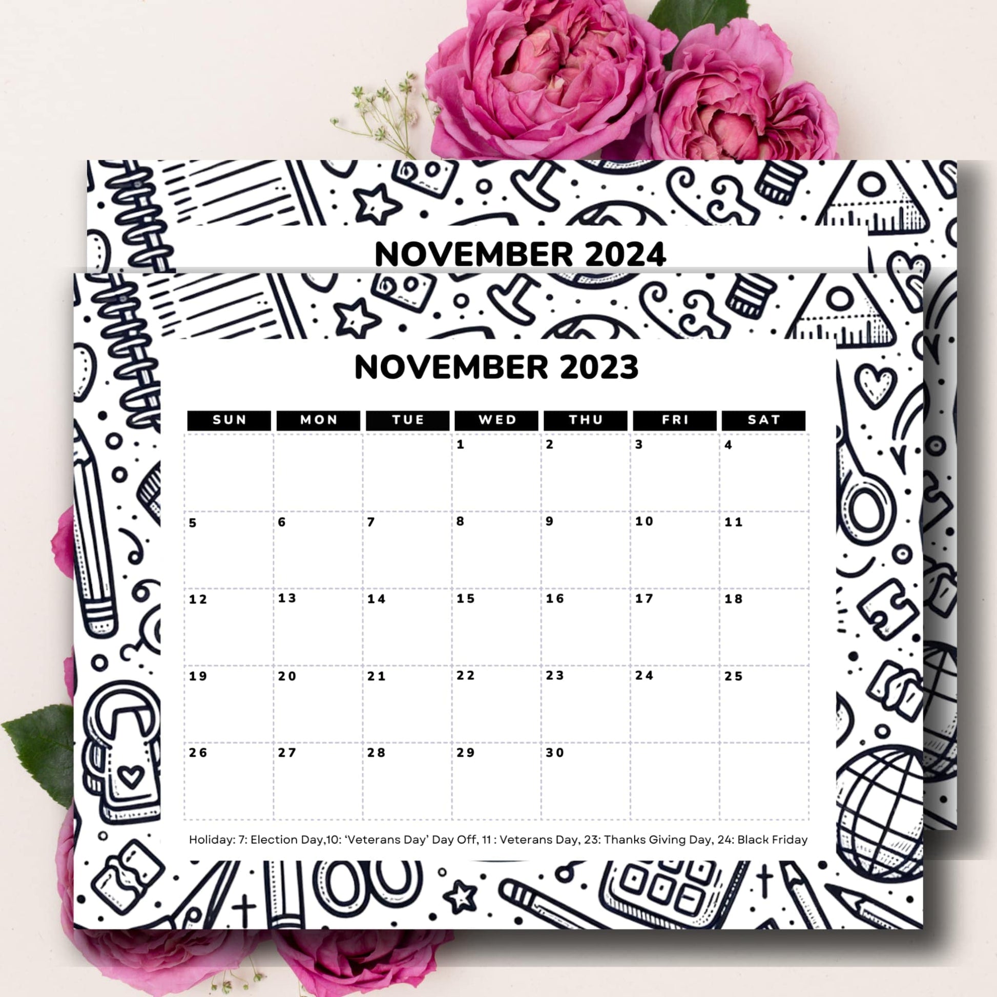 November 2023 & 2024 A4 calendar printout adorned with pink flowers.