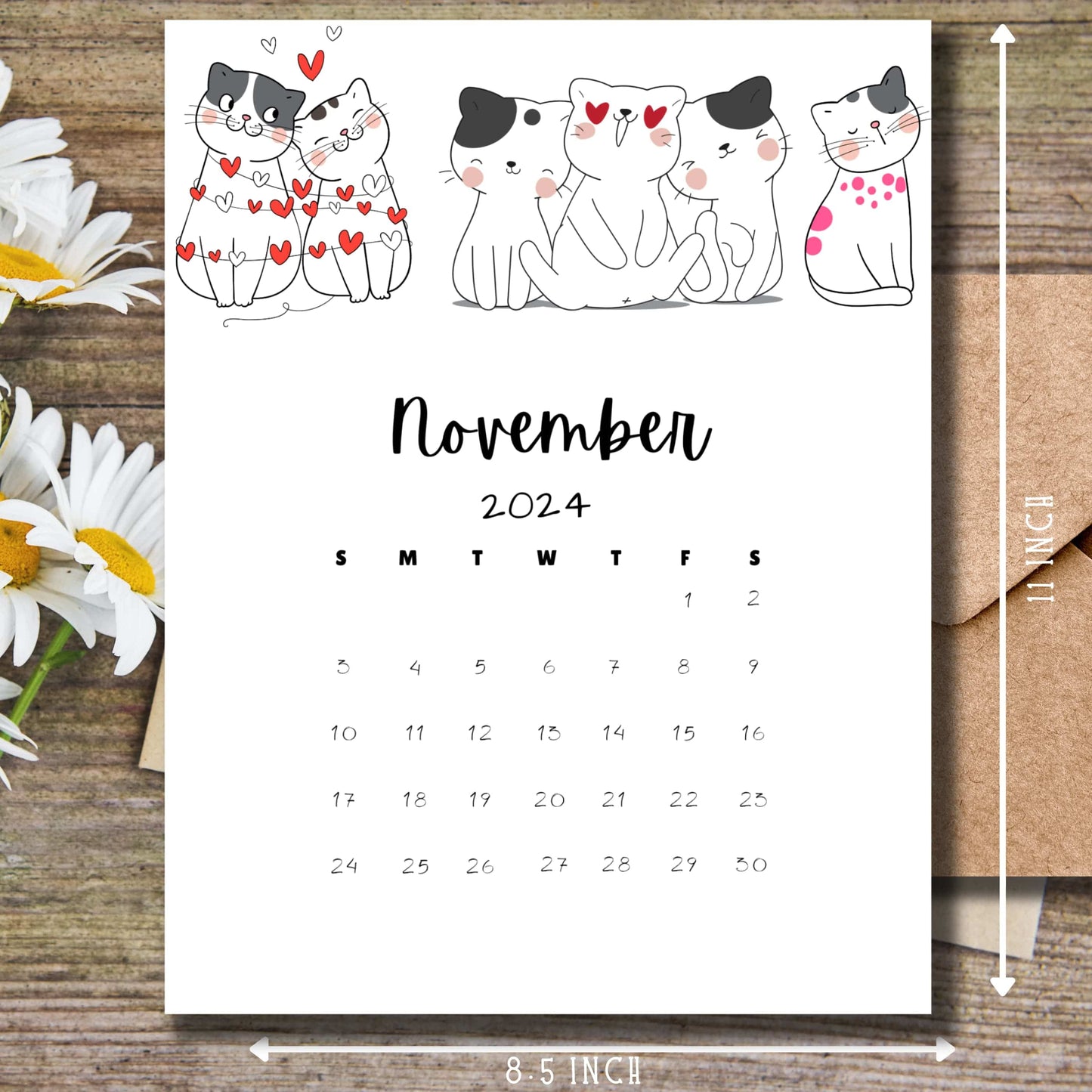 8.5 x 11 inch November 2024 calendar with illustrated cats and daisy flowers. Features romantic cat couples, heart designs, and clean date layout on rustic wooden background.