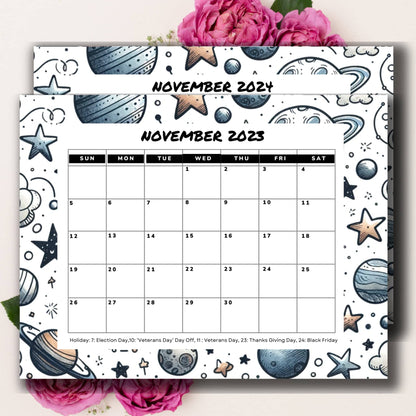 A4 print out of the November 2023 & 2024 Planets & Stars calendar adorned with pink flowers.