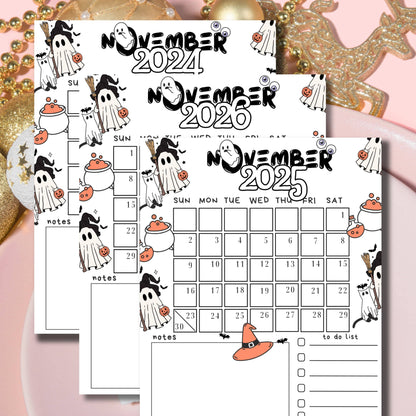 November calendar bundle with witch ghost illustrations on pink and gold glitter background. Features cute ghost characters holding broomsticks, pumpkins, and witch hat decorations. Includes three years 2024-2026 with to-do lists and notes sections.