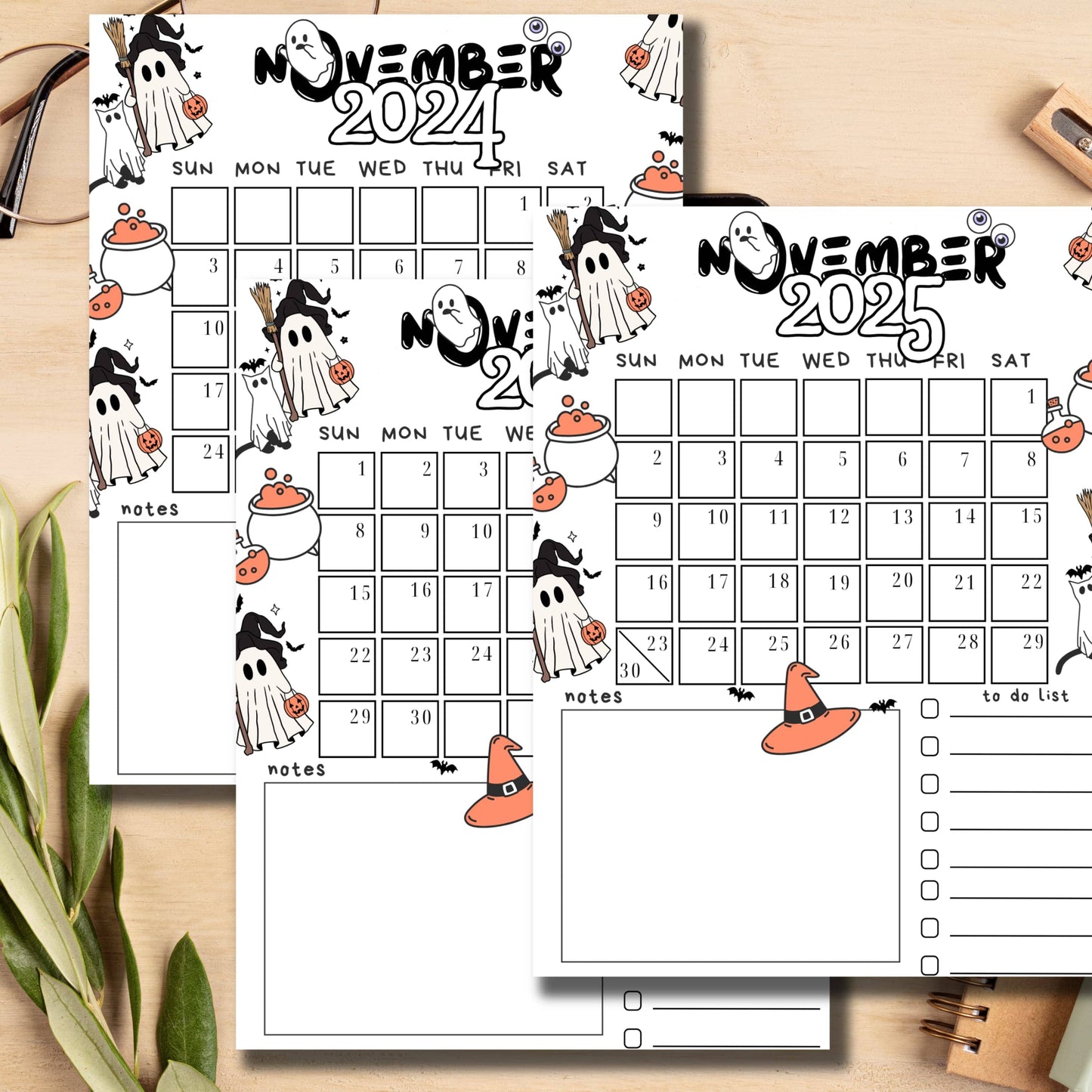 Minimalist ghost-themed November calendar with wooden background styling. Shows 2024 and 2025 layouts with adorable witch ghosts, floating bats, and bubbling cauldron illustrations. Includes checklist and notes area.