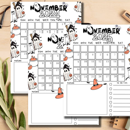 Minimalist ghost-themed November calendar with wooden background styling. Shows 2024 and 2025 layouts with adorable witch ghosts, floating bats, and bubbling cauldron illustrations. Includes checklist and notes area.