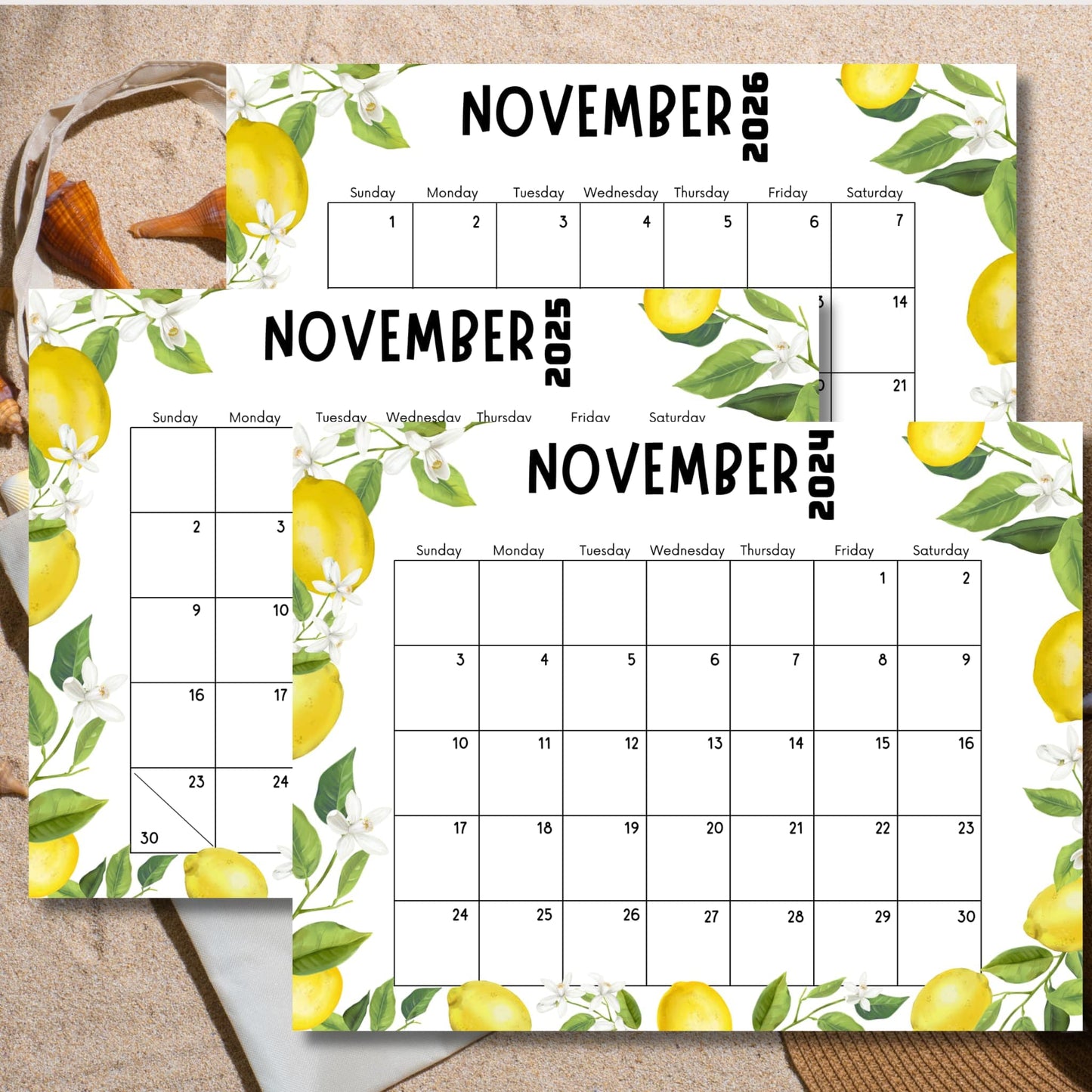 Three overlapping November calendars with lemon motif on beige background. Decorative elements include partial views of seashell and orange cone, showcasing 2024-2026 designs.