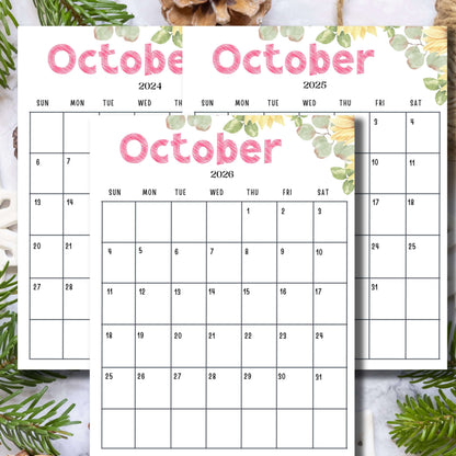 Three-year October calendar for 2024, 2025, and 2026 with floral design, displaying grid layouts for each month on a white background with green leaves and pink text.