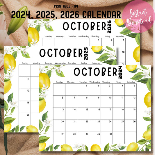 Product image for 2024, 2025, 2026 October calendars. Lemon-themed design with instant download label. Calendars shown on beige background with green plant.