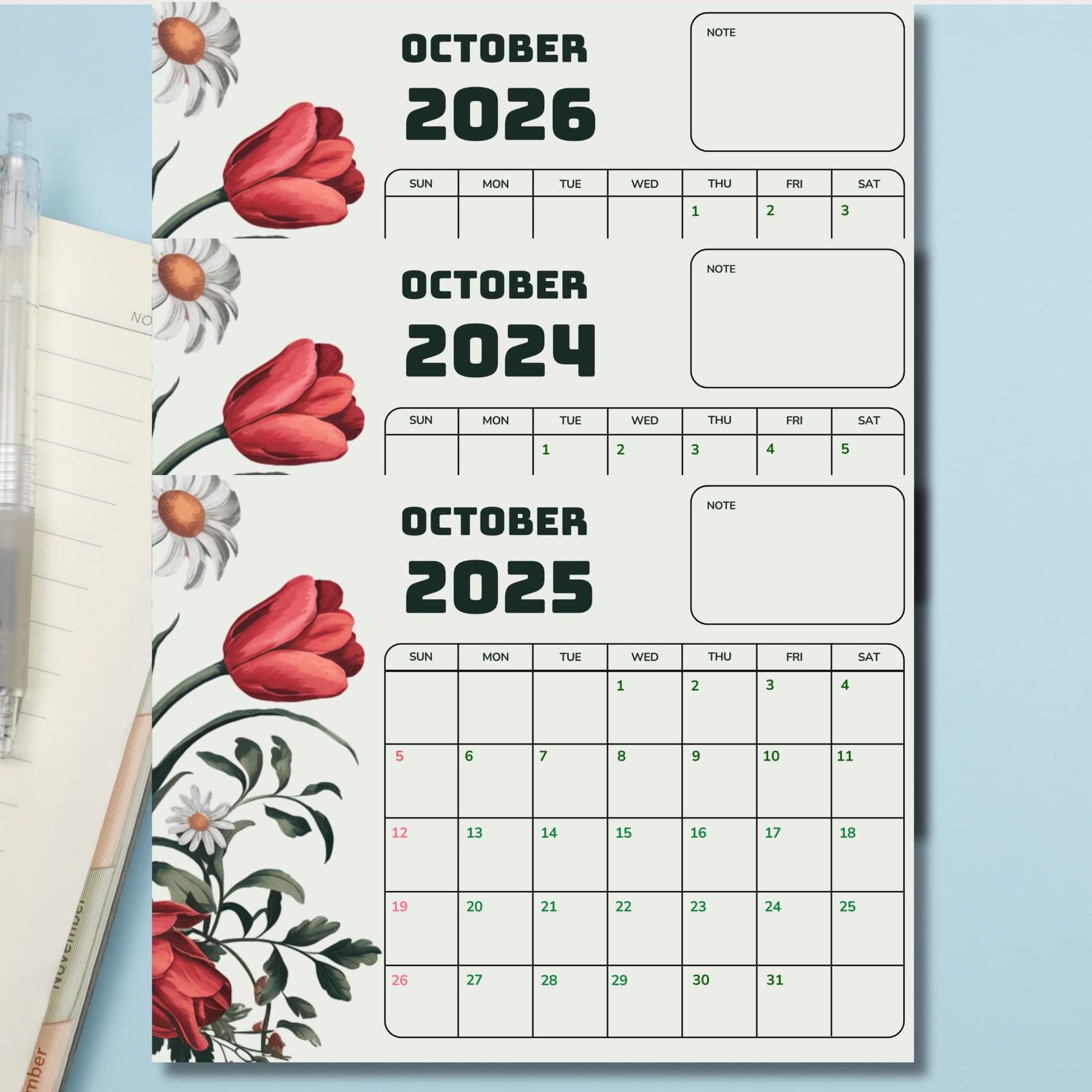 Three October calendars for 2024, 2025, and 2026 with red tulip and daisy illustrations. Each calendar includes a notes section and full month view on white background.