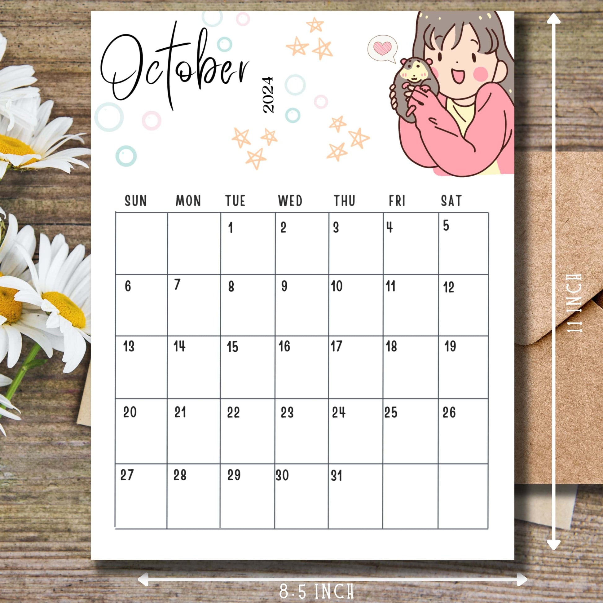 lose-up of October 2024 kawaii calendar page with chibi girl and hedgehog, 8.5 x 11 inch size, displayed on wooden surface with daisy flowers.