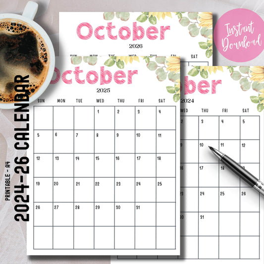 October 2024-2026 calendar printables displayed with office supplies, featuring pink text and green leaf accents, showcasing instant download functionality.