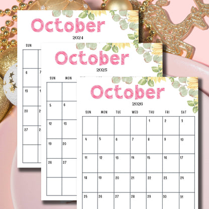 Flatlay of October calendars for 2024, 2025, and 2026 with pink headers and green leaf motifs, arranged on a pink background with gold holiday decorations.