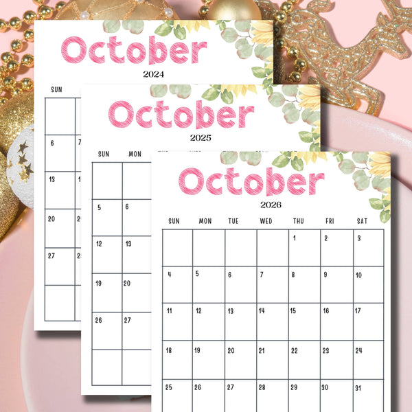 October Calendars 2024, 2025, 2026 Flatlay