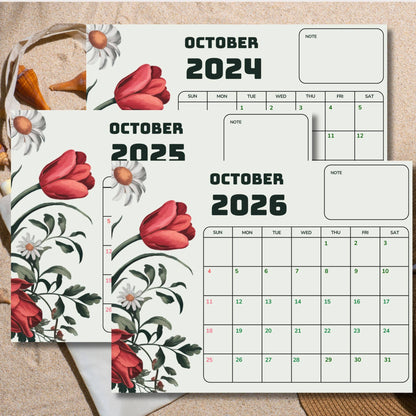 Overlapping October calendars for 2024-2026 with floral motif, shown on beige surface. Calendars feature red tulips, daisies, and note sections. Partial seashell visible in corner.