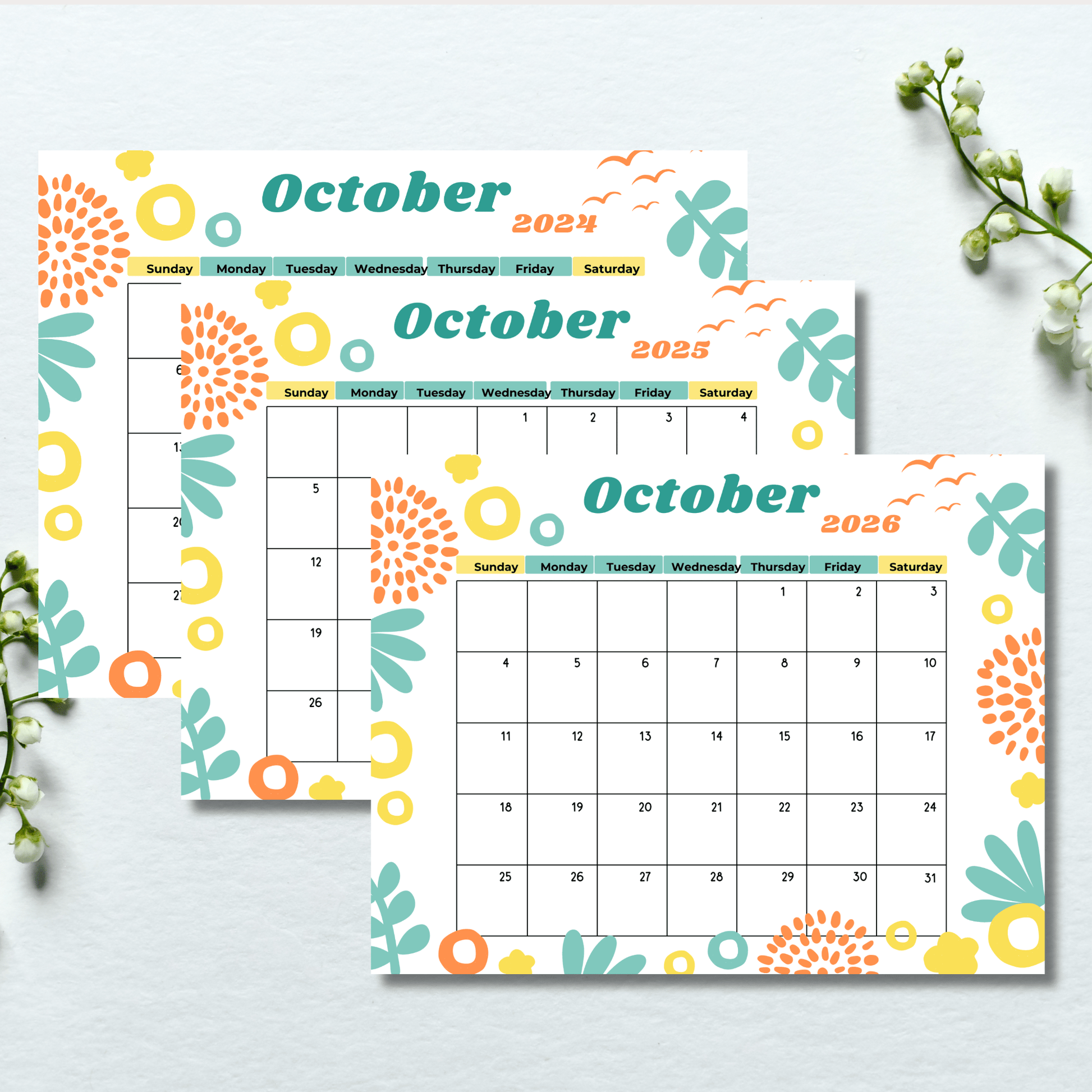 Three October calendar pages for 2024-2026 featuring colorful modern illustrations, displayed with white flowers.