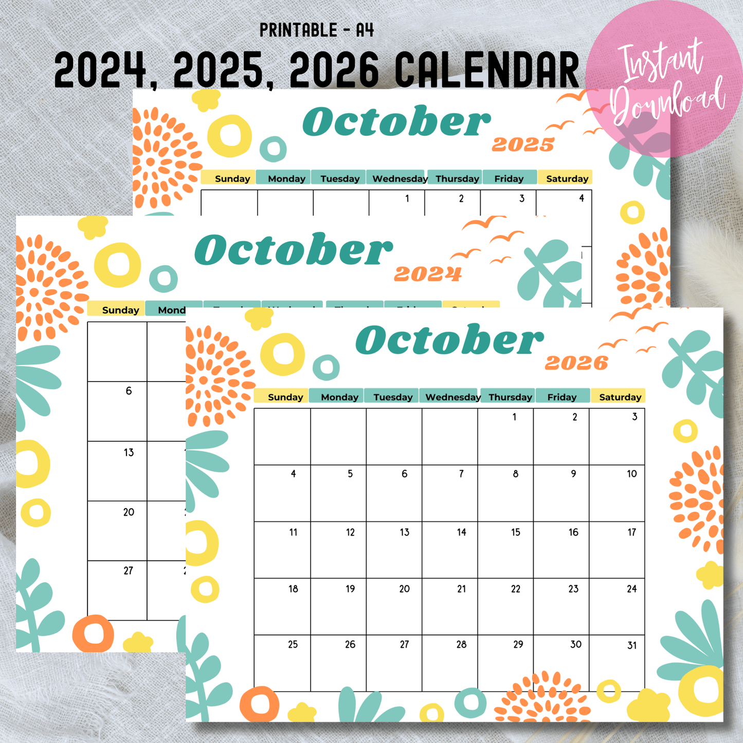 Printable A4 October calendars for 2024-2026 with vibrant abstract designs, showcased as an instant download.