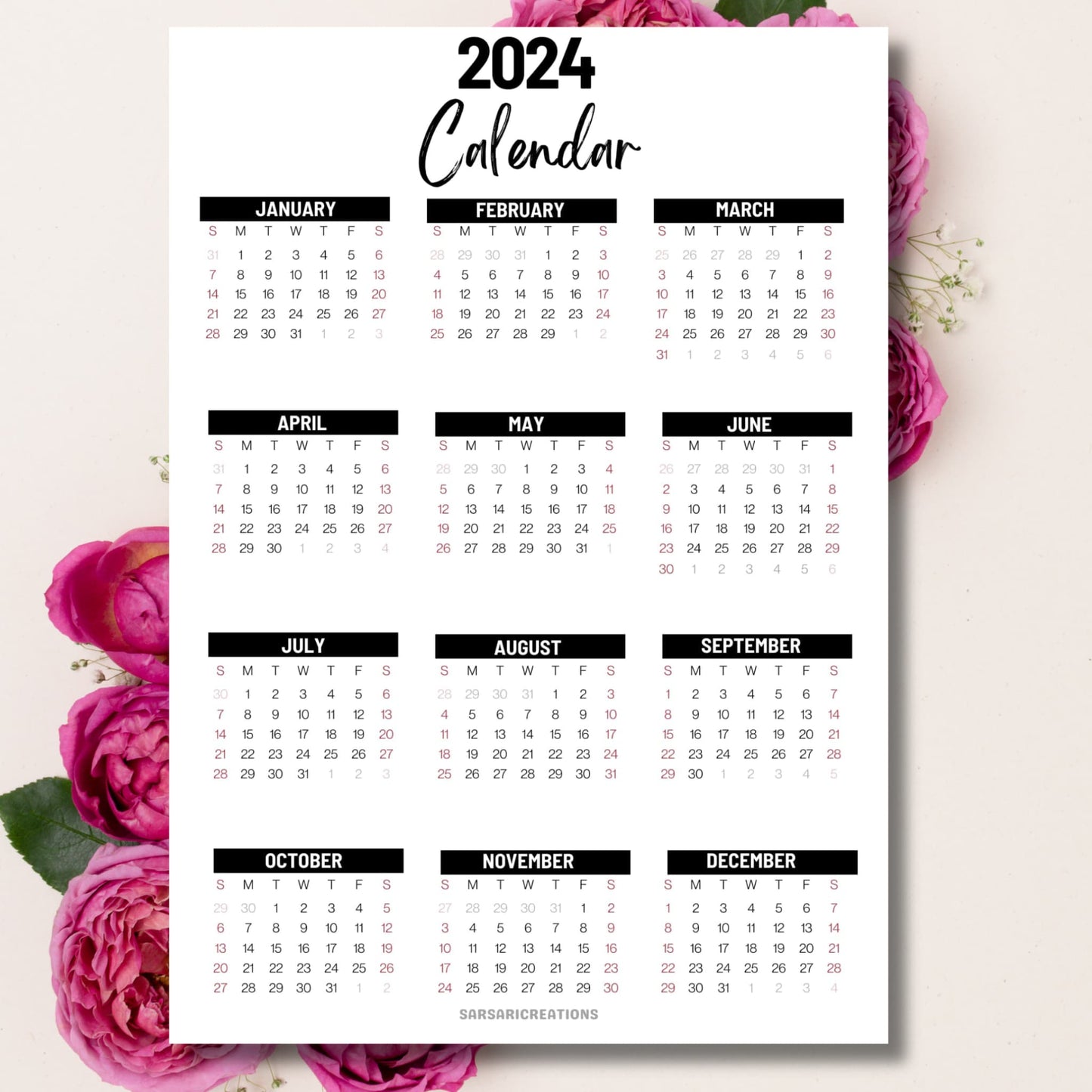 Office essential 2024 calendar on beige background with pink peonies.
