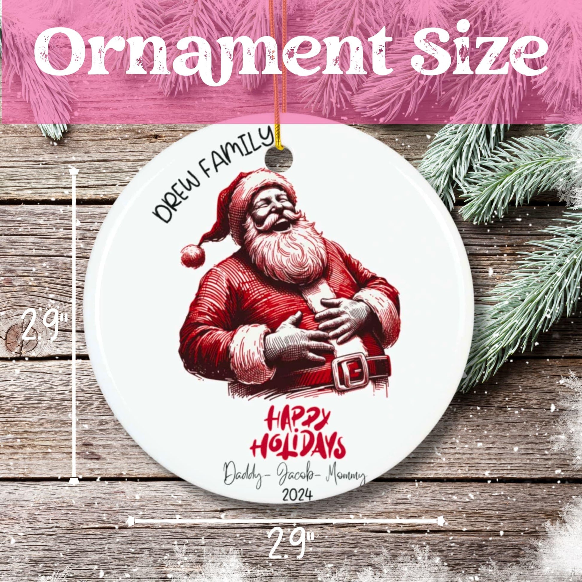 Size specifications showing 2.9-inch diameter measurement of circular ceramic ornament featuring laughing Santa artwork