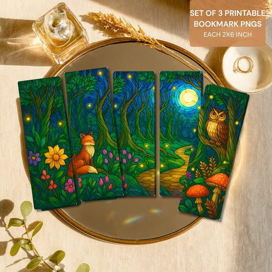 Printable woodland stained glass bookmarks with fox and owl displayed on gold mirror with elegant styling