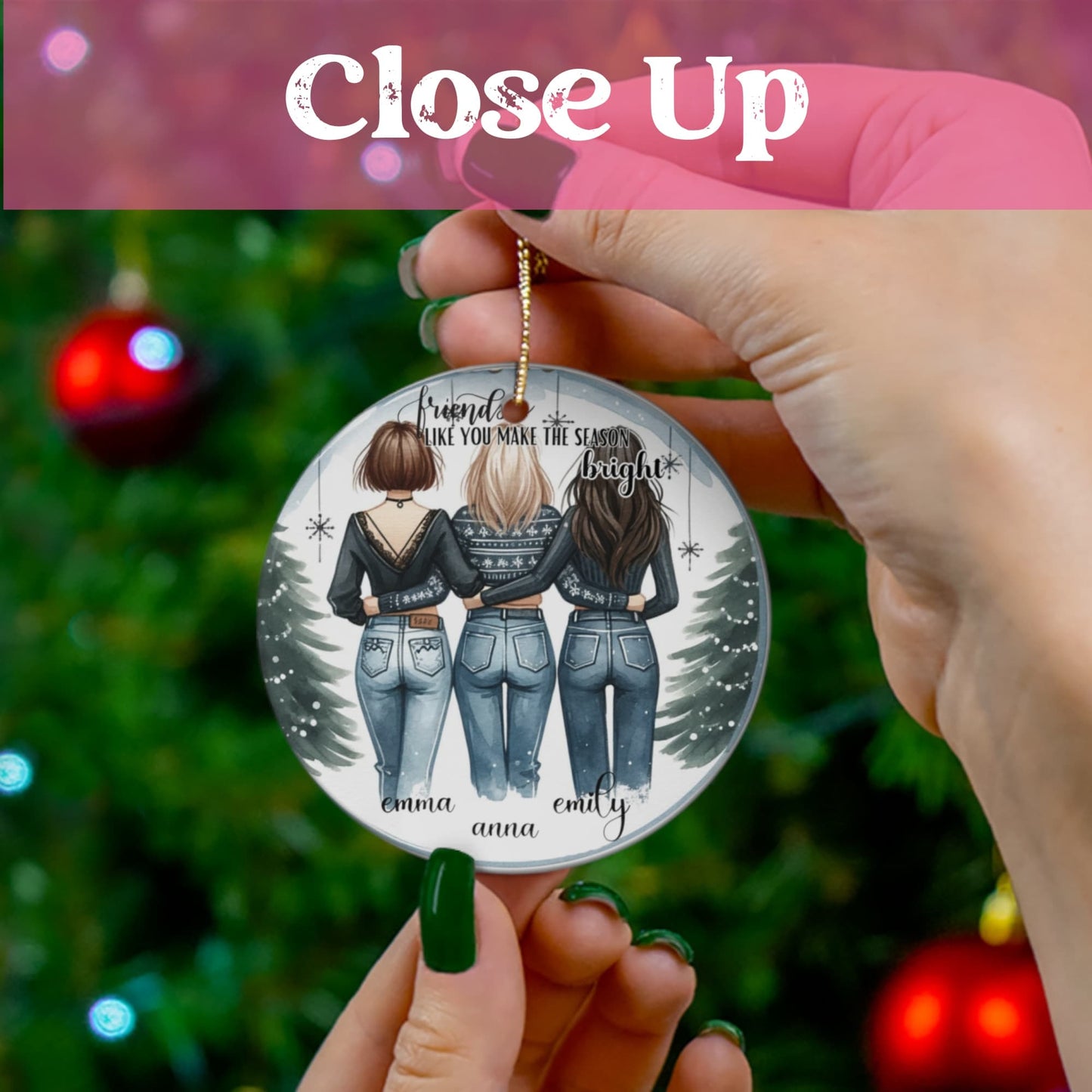  close-up of a Custom Christmas Ornament for friends held in hand, providing a true perspective of the ornament's size and quality.