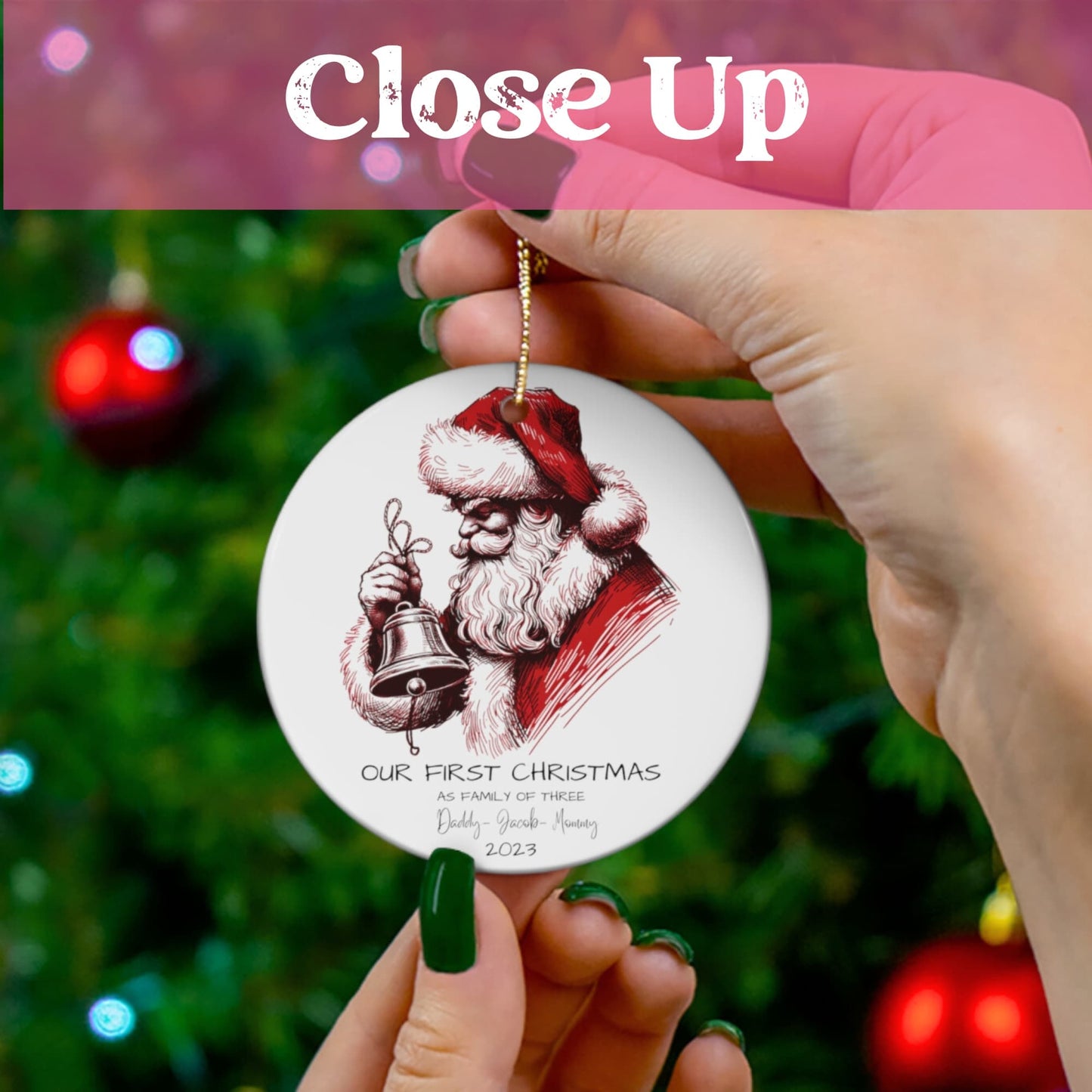 A close-up of a Custom Christmas Ornament held in hand, offering a true perspective of its size.