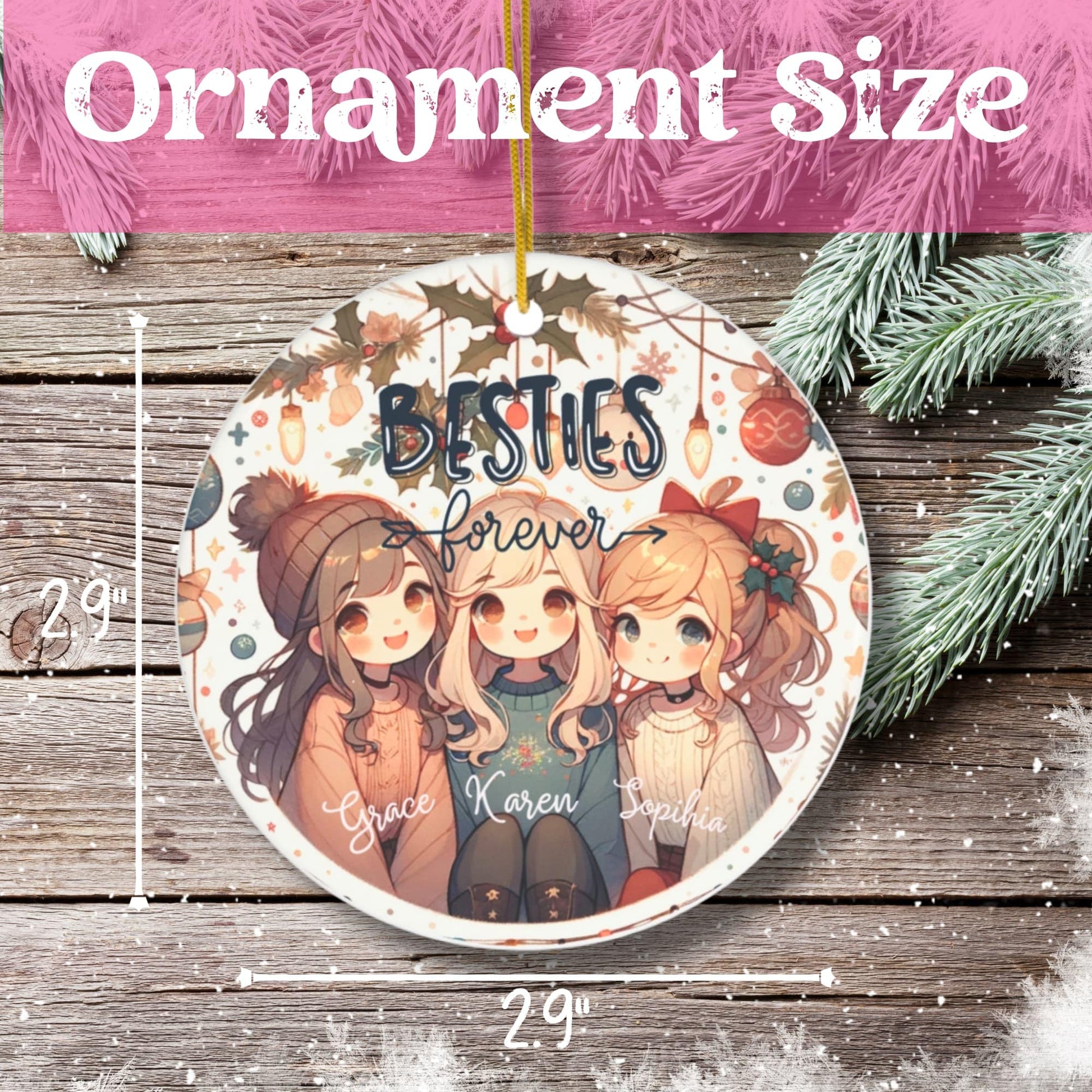 Christmas ornament size guide displayed on a wooden table, showing various dimensions for Besties Forever ornaments.