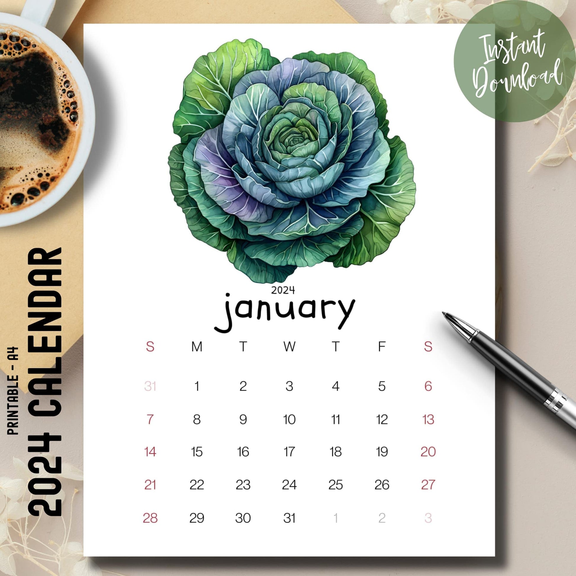 2024 full year ornamental cabbages calendar on a desk with a coffee cup on the left and a pen on the right.