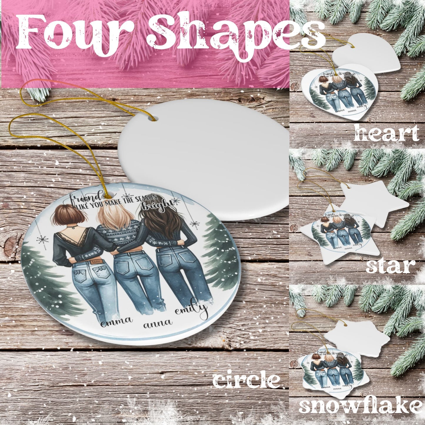 The complete set of four shapes of Custom Christmas Ornaments for Friends - circle, star, heart, and snowflake - artistically arranged on a table.