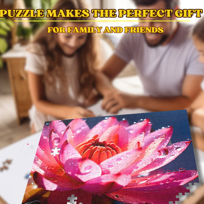 A joyful family, adults, and children alike, engaging in piecing together the 1000 piece pink lotus flower puzzle, exemplifying a fun, quality family time activity.
