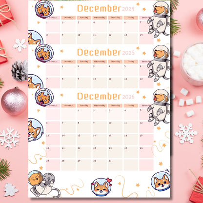 Three-year December calendar set with cute astronaut puppies and stars in peach and orange, displayed with holiday decorations including snowflakes and pinecones on pink background.