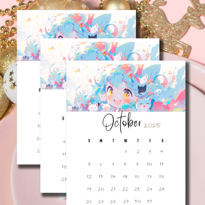 Flatlay of October 2024-2026 calendars with dreamy anime-style artwork, arranged on pink background with golden holiday decorations, showcasing the multi-year planning option for students and teachers.