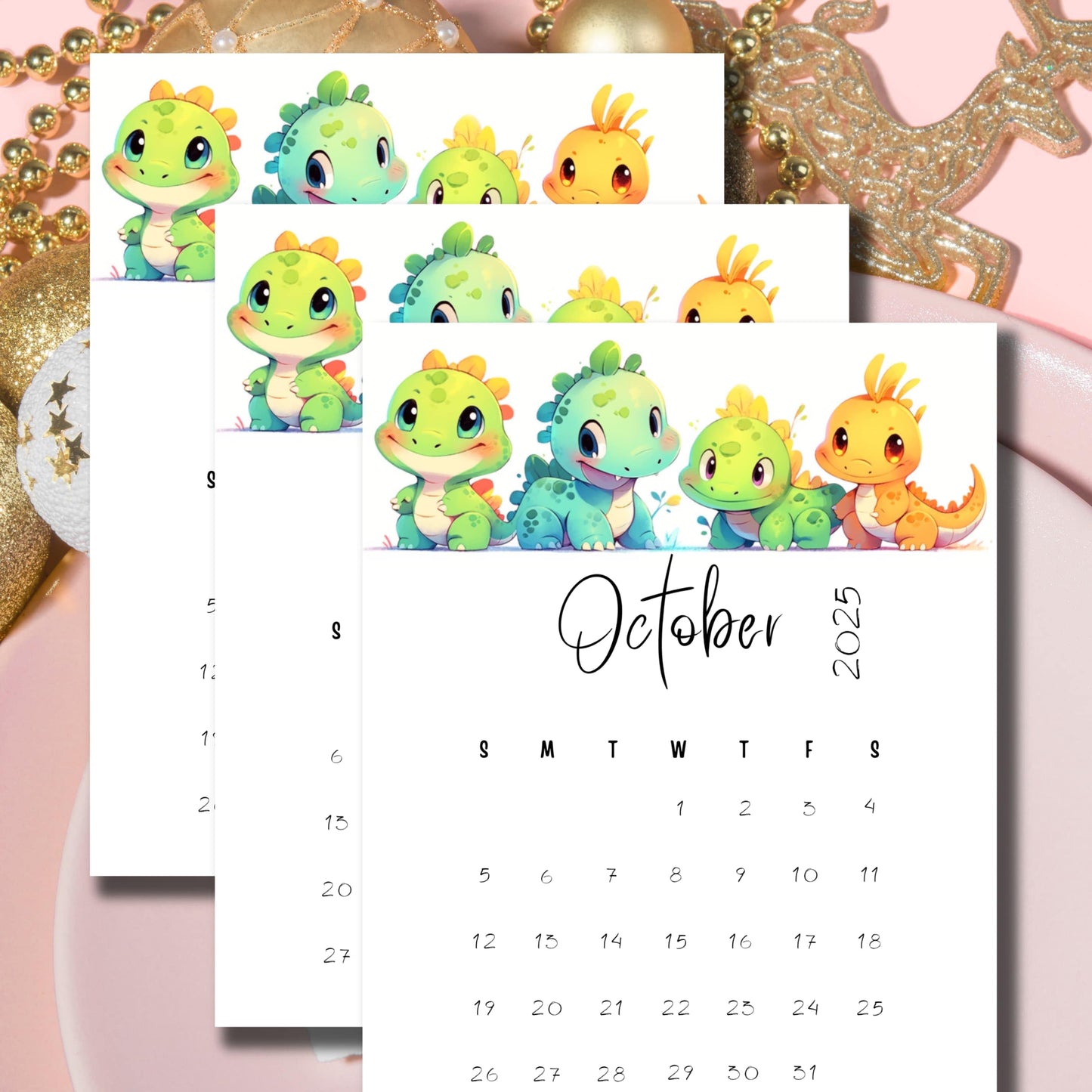 Flatlay of October 2024-2026 calendars with cute pastel dinosaur designs, arranged on pink background with golden holiday decorations, showcasing instant download feature.