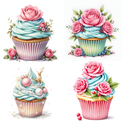 Collection of four watercolor cupcakes featuring pink roses and mint frosting, including a winter themed design with ornaments and reindeer, all decorated with delicate floral accents